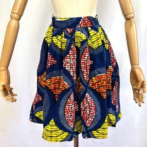 Ethnic Hand Made Blue Yellow African COTTON Print Mini Skirt Size S